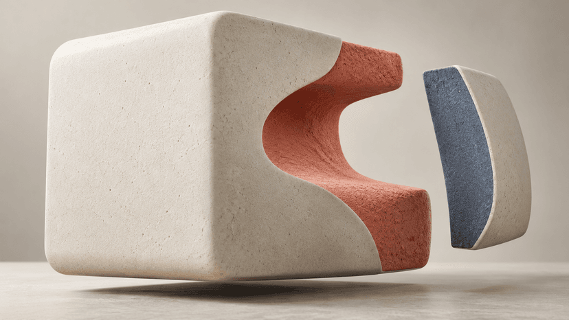 An ivory cutaway sculpture with a coral interior and a separate slate-blue piece; abstract artwork.